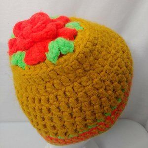 Handmade Crochet Knit Toddler Winter Hat Red Rose On Top Mustard Green Kids